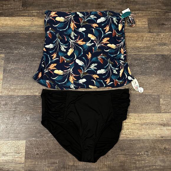 Mynah Women's Navy Blue Tropical Strapless Swimsuit Top and Bottom Set 24W NWT - Picture 1 of 5